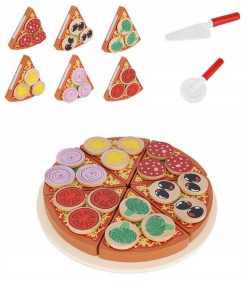 Drewniana Pizza do Krojenia dla Dzieci na Rzep + Nóż Rzepy Duża Dodatki