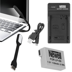 ZESTAW ŁADOWARKA DC-USB +AKUMULATOR NEWELL LP-E8 +LAMPKA USB 6 LED MOCNA